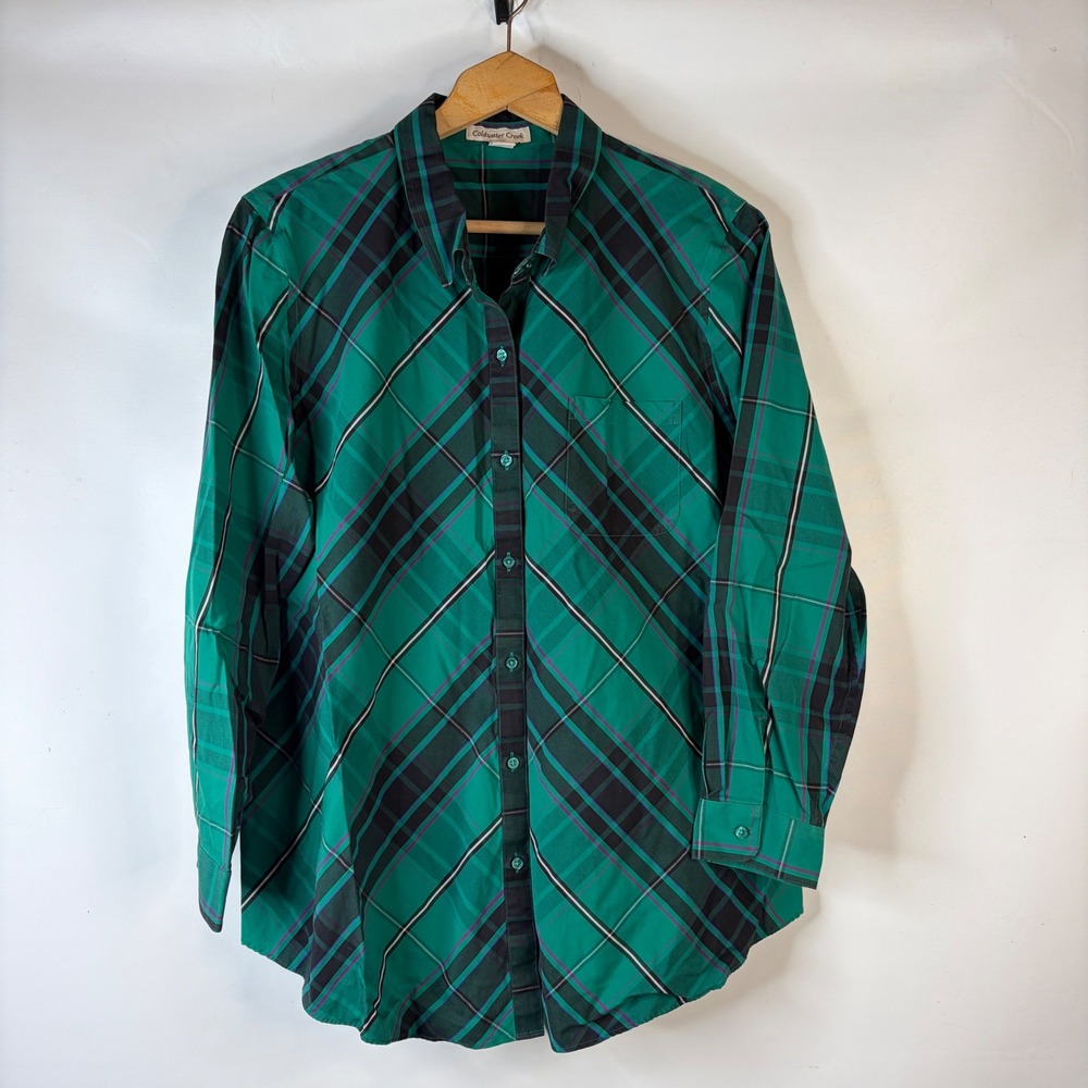 Coldwater Creek Button Down Shirt Women XL Green Plaid Long Sleeve Cotton Top